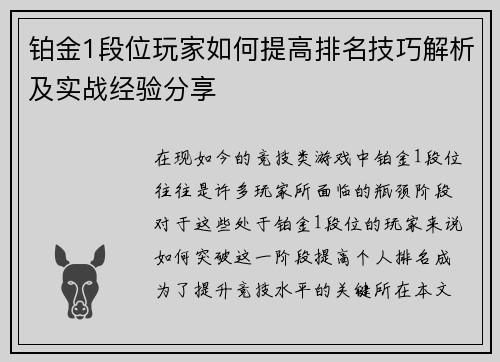 铂金1段位玩家如何提高排名技巧解析及实战经验分享